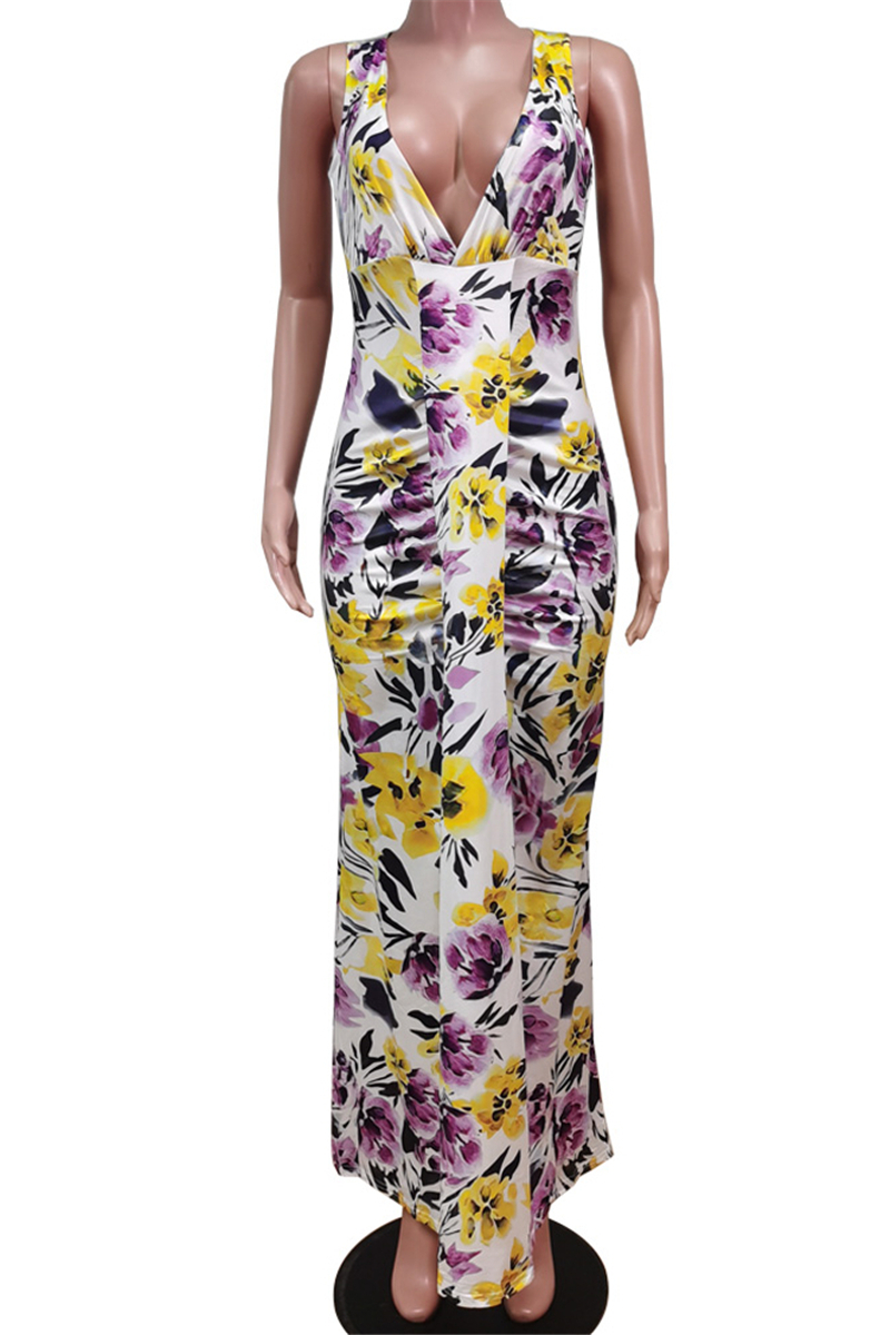 Plus Size Summer Sleeveless Deep V-Neck New Flowers Batch Printing Stretch Maxi Dress