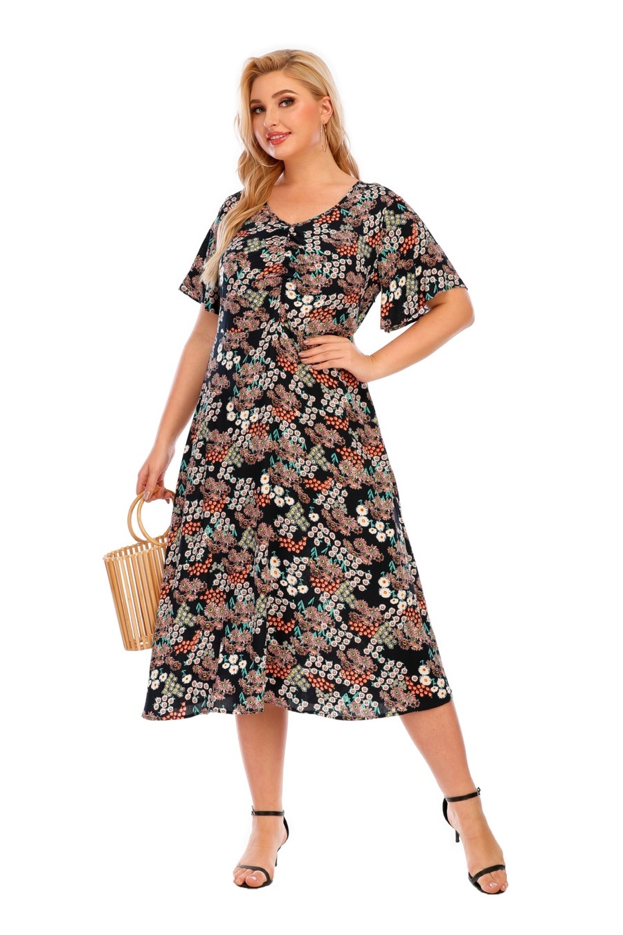 Xl-5Xl Plus Size Summer New Stylish Inelastic Batch Printing V-Neck Short Sleeves Loose Casual Midi Dress