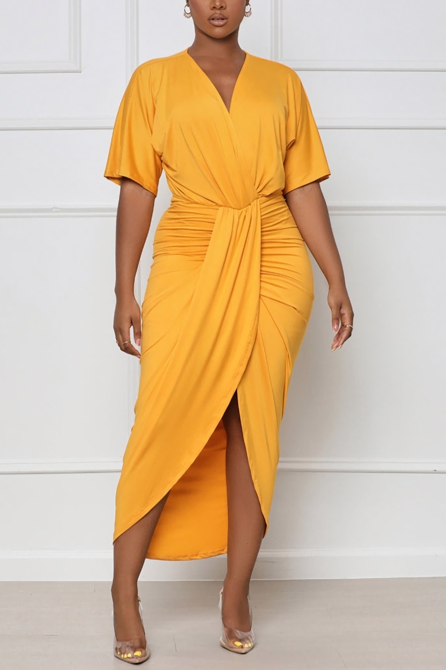 Summer New 4 Colors Solid Color Stretch V-Neck Shirring Split Casual Midi Dress  Casual Dresses