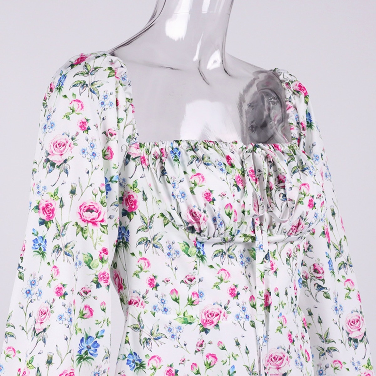 Xs-L Floral Printing Inelastic Square-Neck Lace-Up Zip-Up Back Sweet Rural Mini Dress