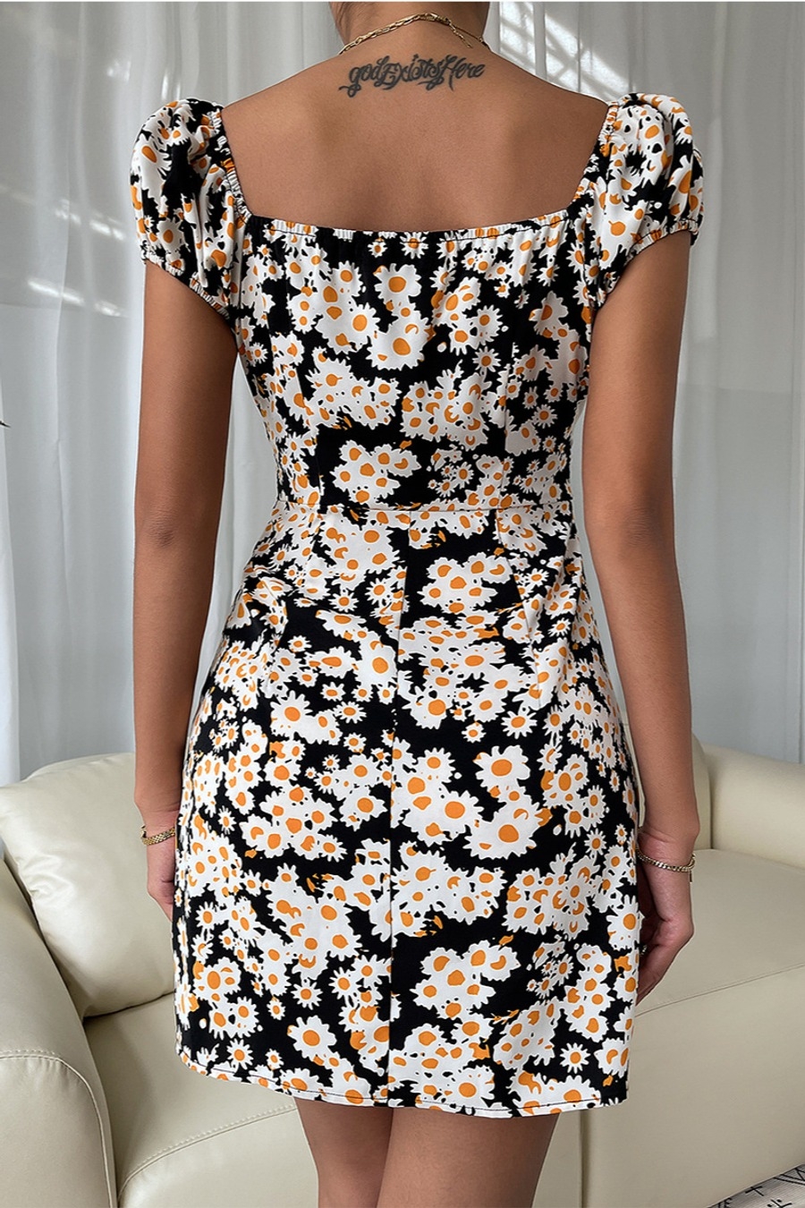 Summer New Stylish Batch Printing Slim Zip-Up Inelastic Sexy Mini Dress