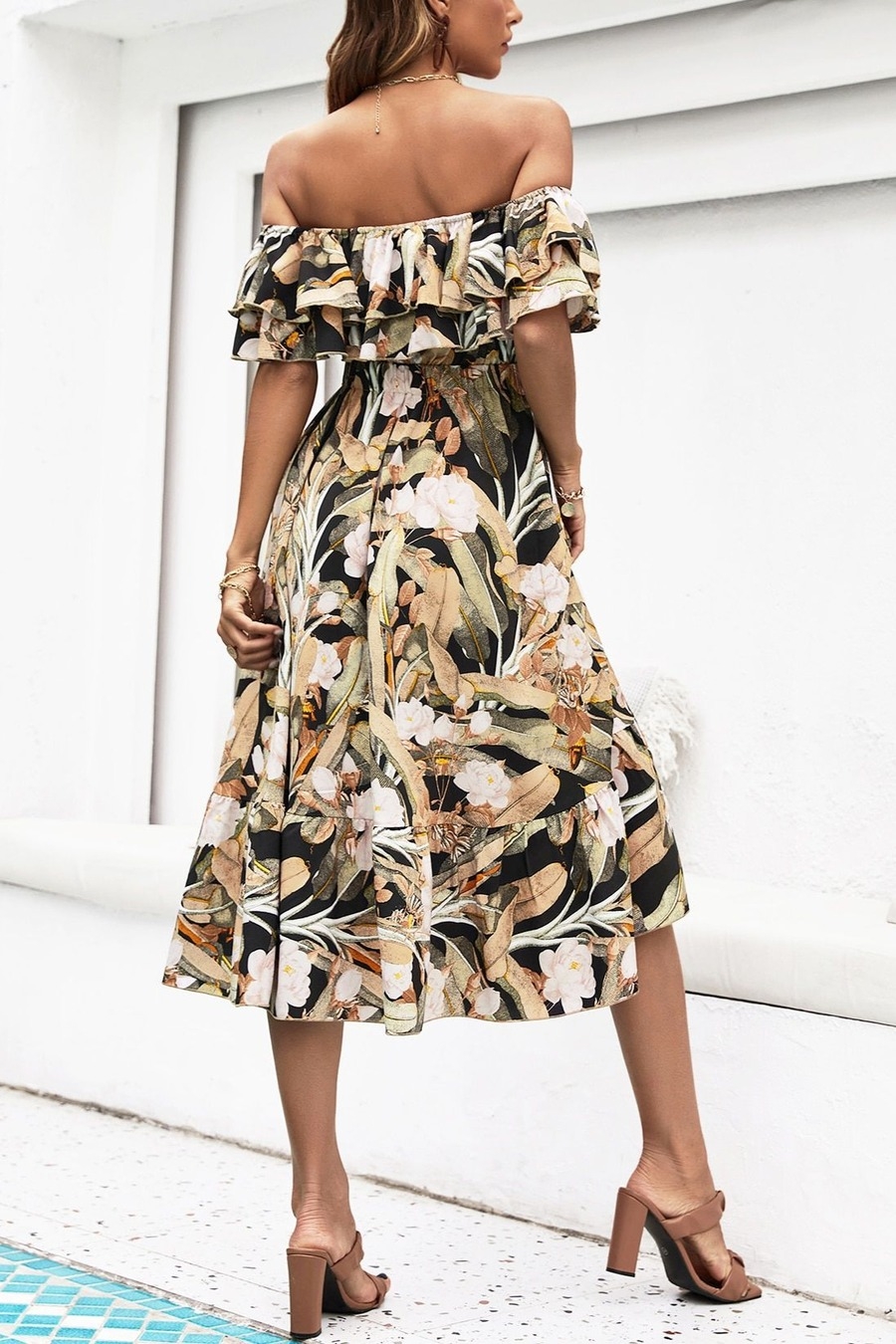 Xs-L Summer New Stylish Flower & Leaf Batch Printing Inelastic Off-The-Shoulder Ruffle Casual Midi Dress