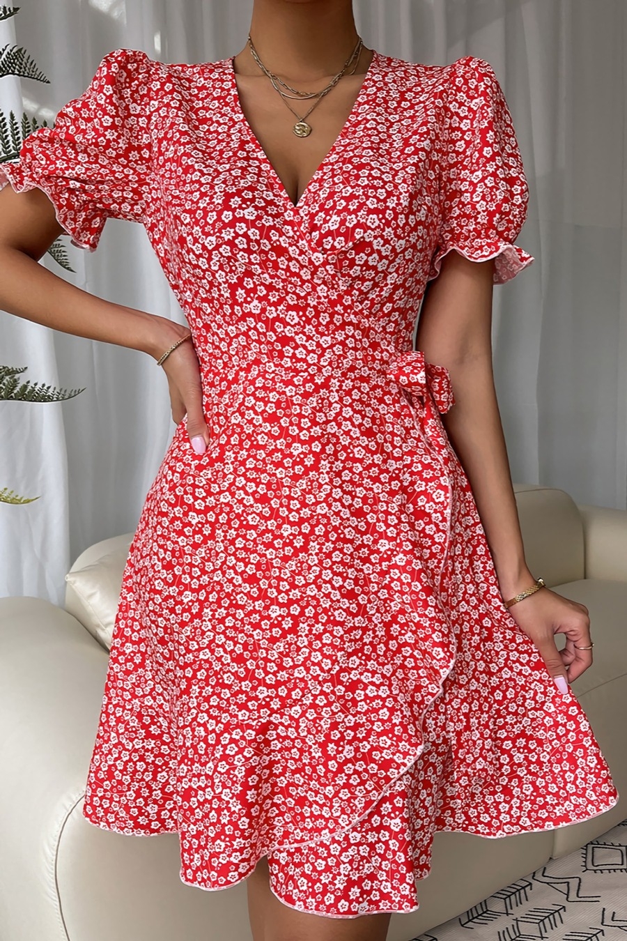 Summer New Stylish Batch Printing Inelastic With Belt V-Neck Casual Mini Dress