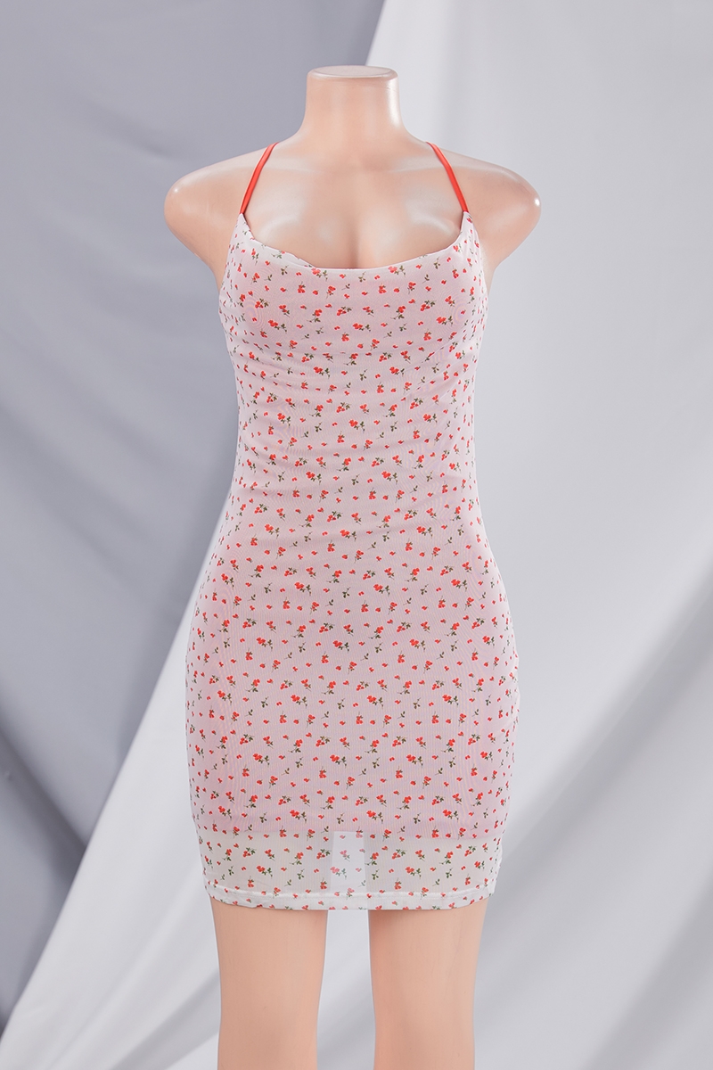 Summer New Stylish Simple Good Quality Batch Printing Sling Backless Micro Elastic Zip-Up Slim Sexy Mini Dress
