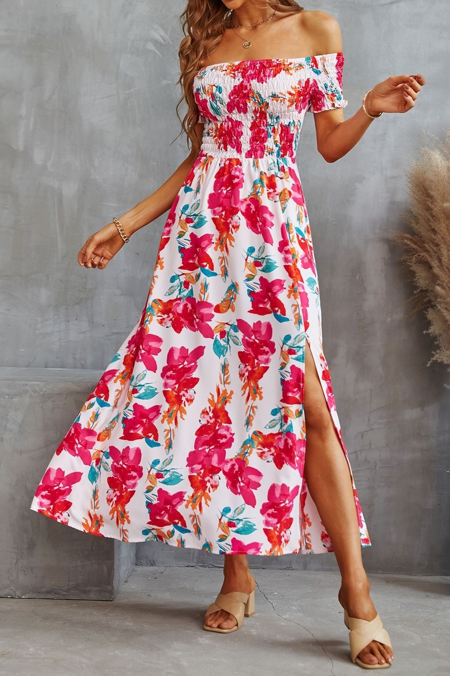 Summer New Off The Shoulder Flower Batch Printing Stretch Slit Midi Dress