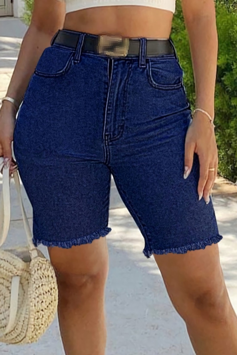 S-3Xl Summer New Plus Size Two Colors Micro-Elastic High Waist Pockets Button Zip-Up Raw Edge Slit Side Stylish Denim Shorts (Without Belt)