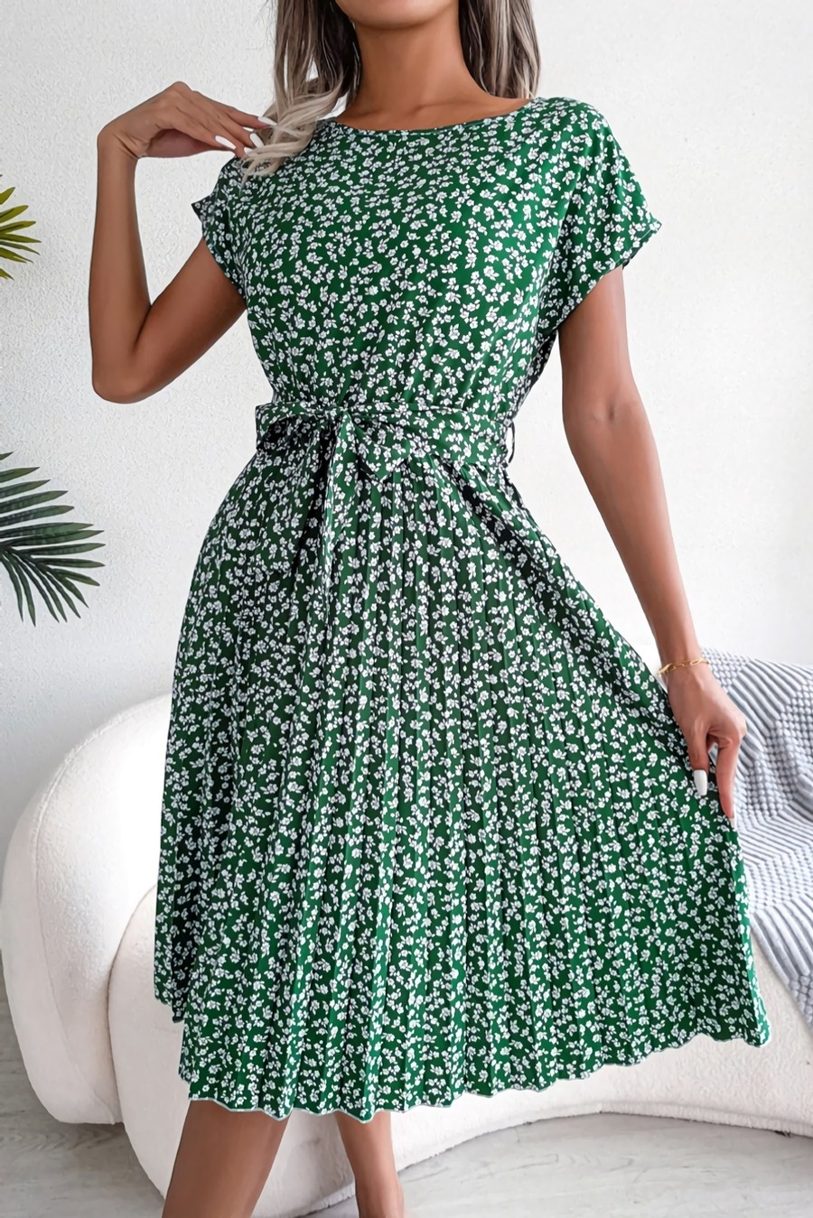 Summer New Stylish 3 Colors Inelastic Floral Batch Printing Short Sleeves With Belt Pleated Casual Midi Dress