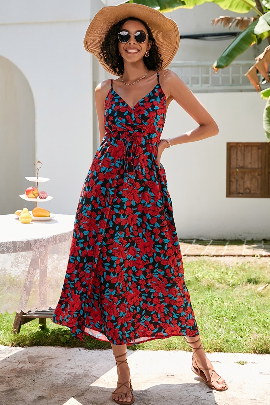 S-2Xl Plus Size Summer New Style Inelastic Flower & Leaf Batch Printing Sling Backless Casual Midi Dress