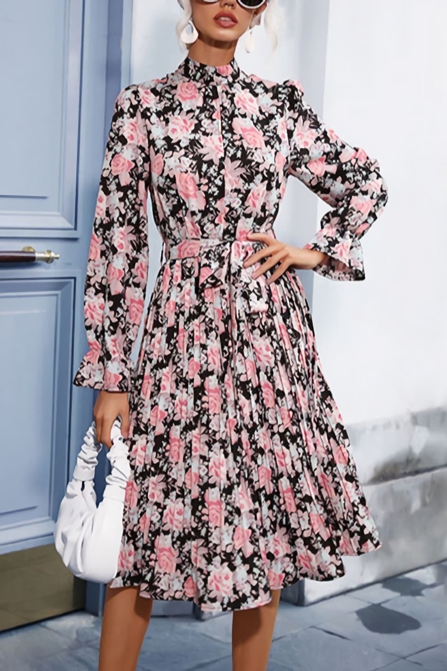 Spring New Stylish Inelastic Flower Batch Printing Long Sleeves With Belt Casual Midi Dress  Dresses