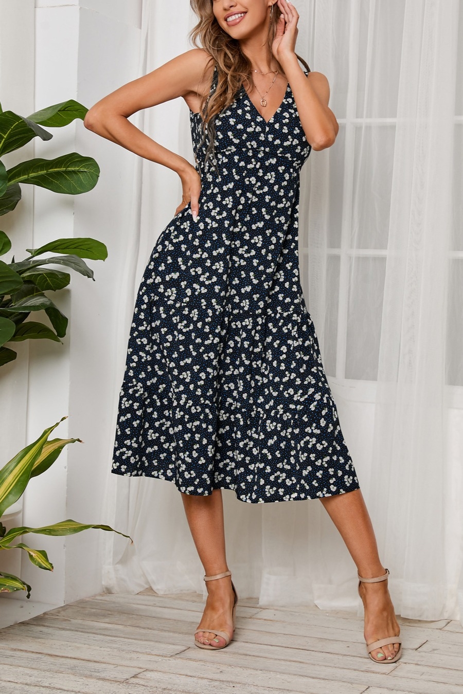 Summer New Chiffon Floral Batch Printing Micro-Elastic V-Neck Strappy Ruffle Swing Stylish Holiday Midi Dress