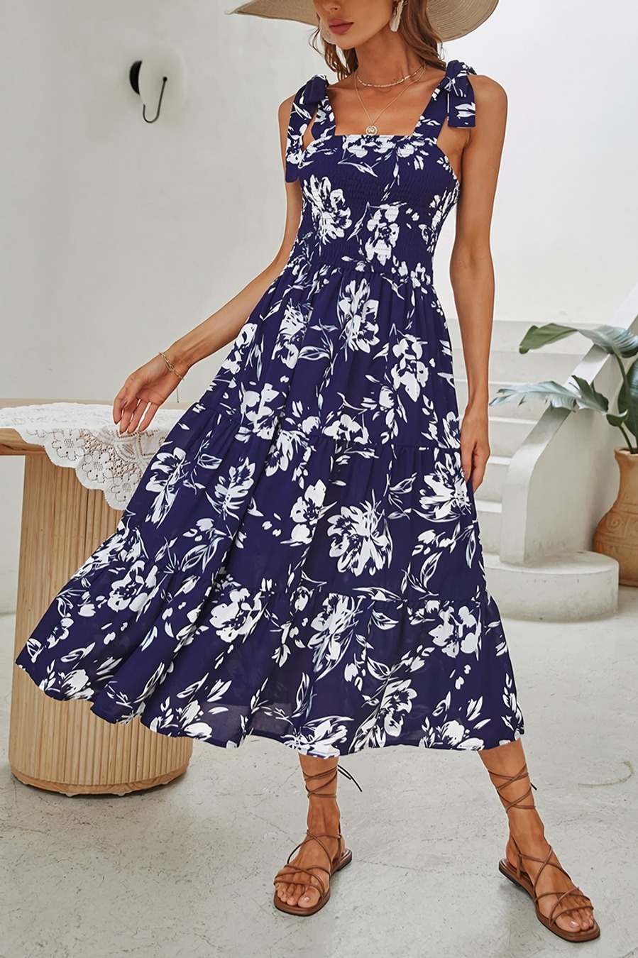 S-Xl Summer New Stylish Floral Batch Printing Lace-Up Sling Stretch Casual Midi Dress