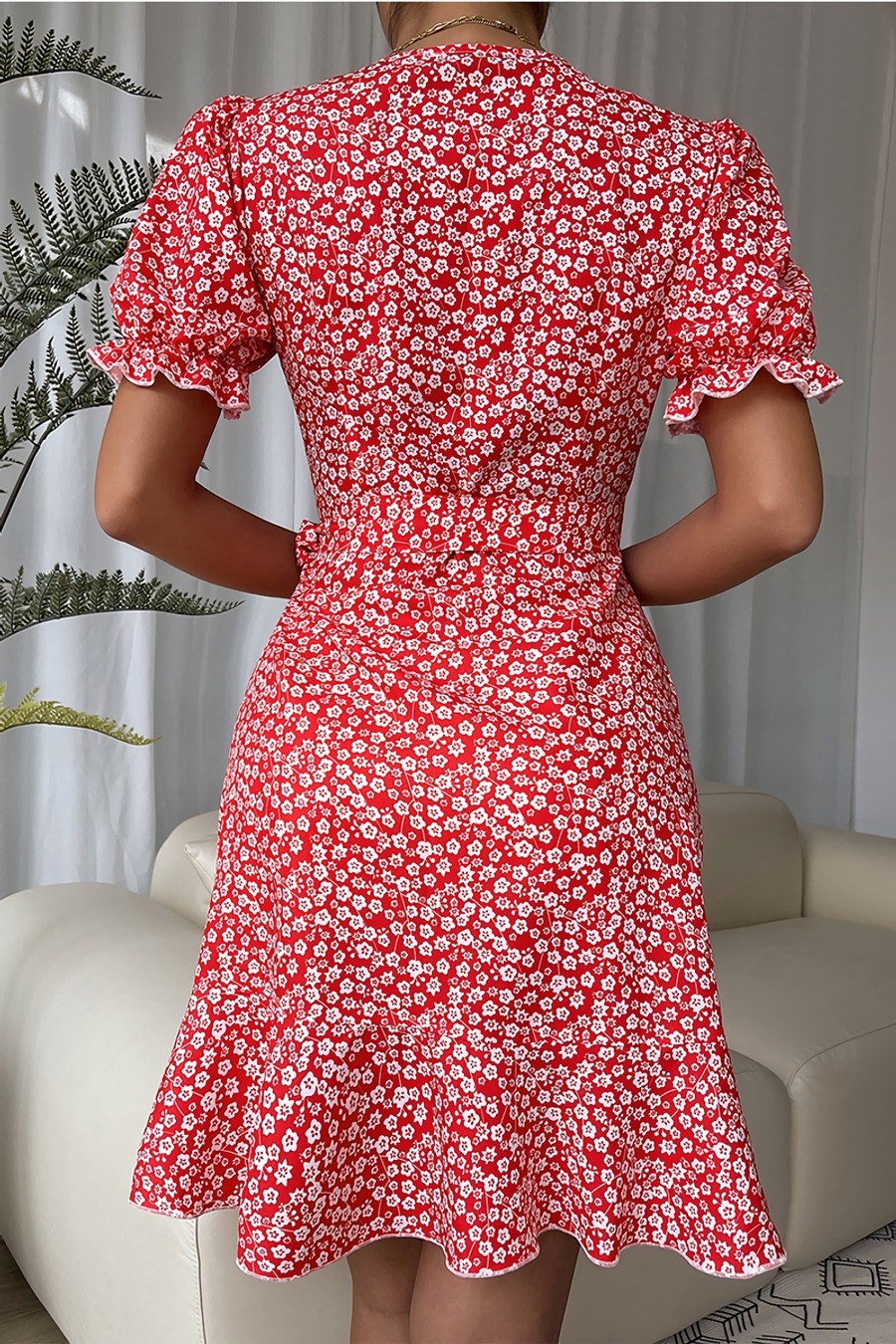 Summer New Stylish Batch Printing Inelastic With Belt V-Neck Casual Mini Dress