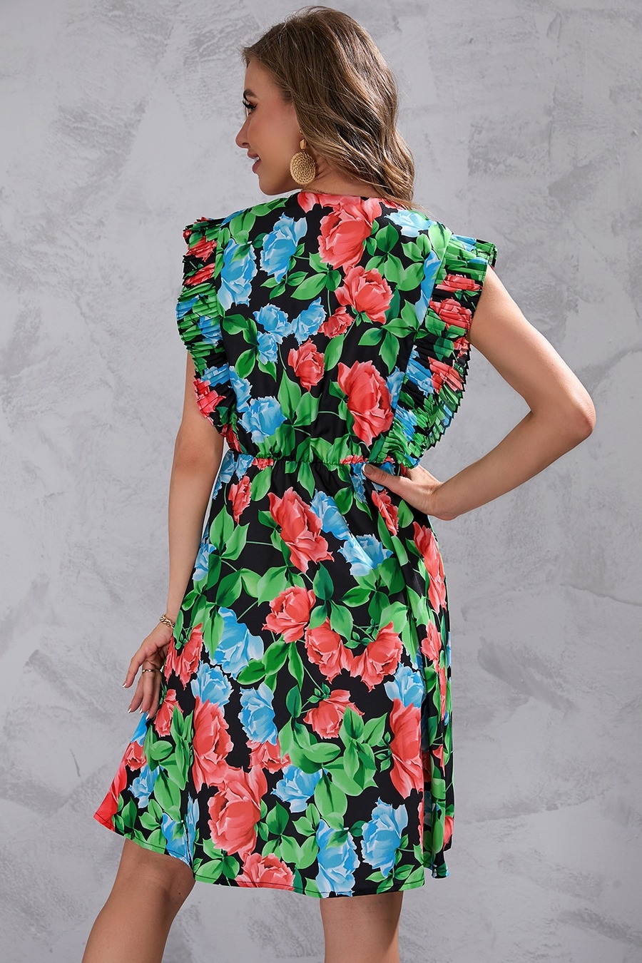 Summer New Plus Size Inelastic Leaf & Flower Batch Printing Ruffle V-Neck Sleeveless Casual Mini Dress  Floral Dresses