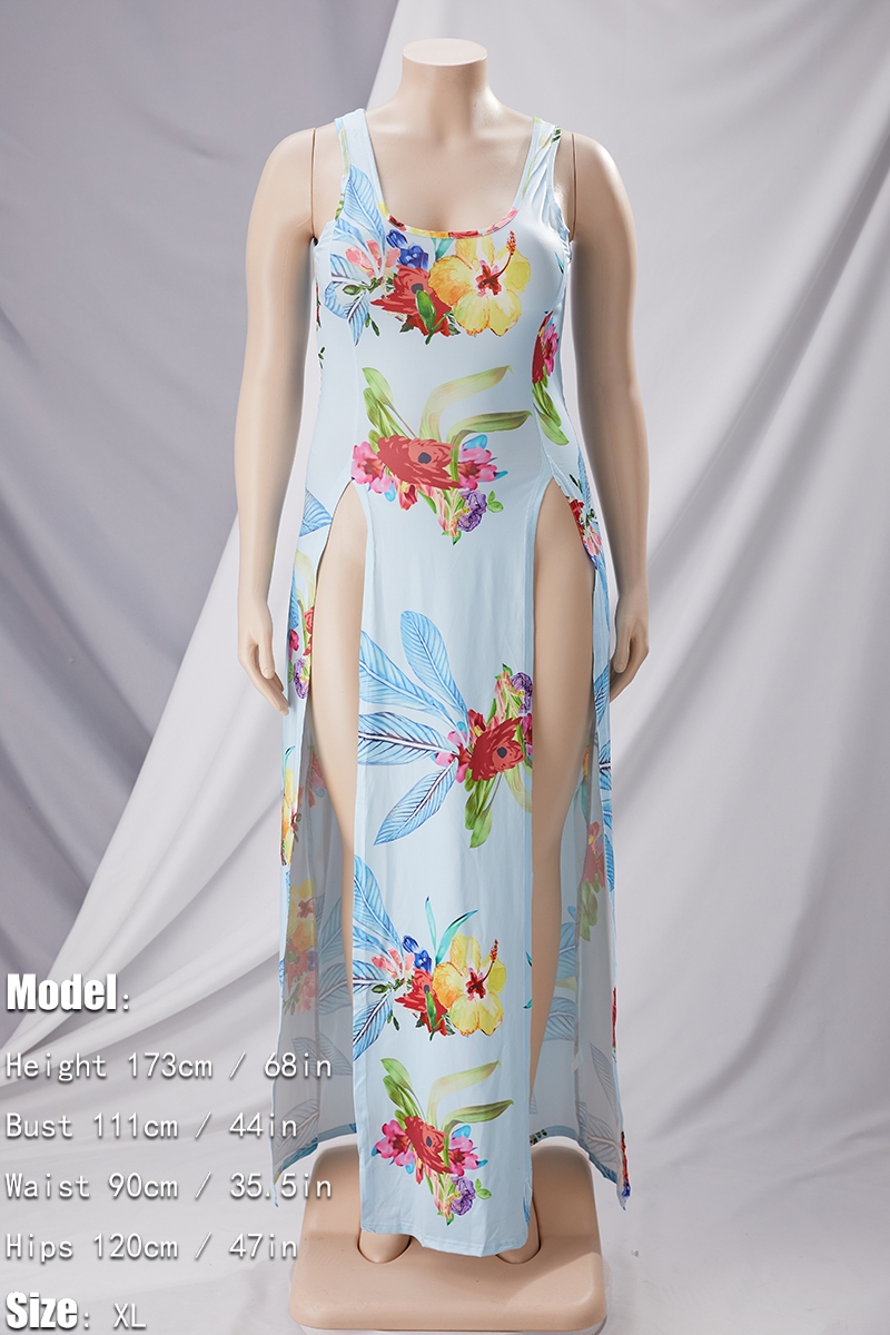 Plus Size New Fashion Flower Batch Printed Summer Sleeveless Sexy Split Dress