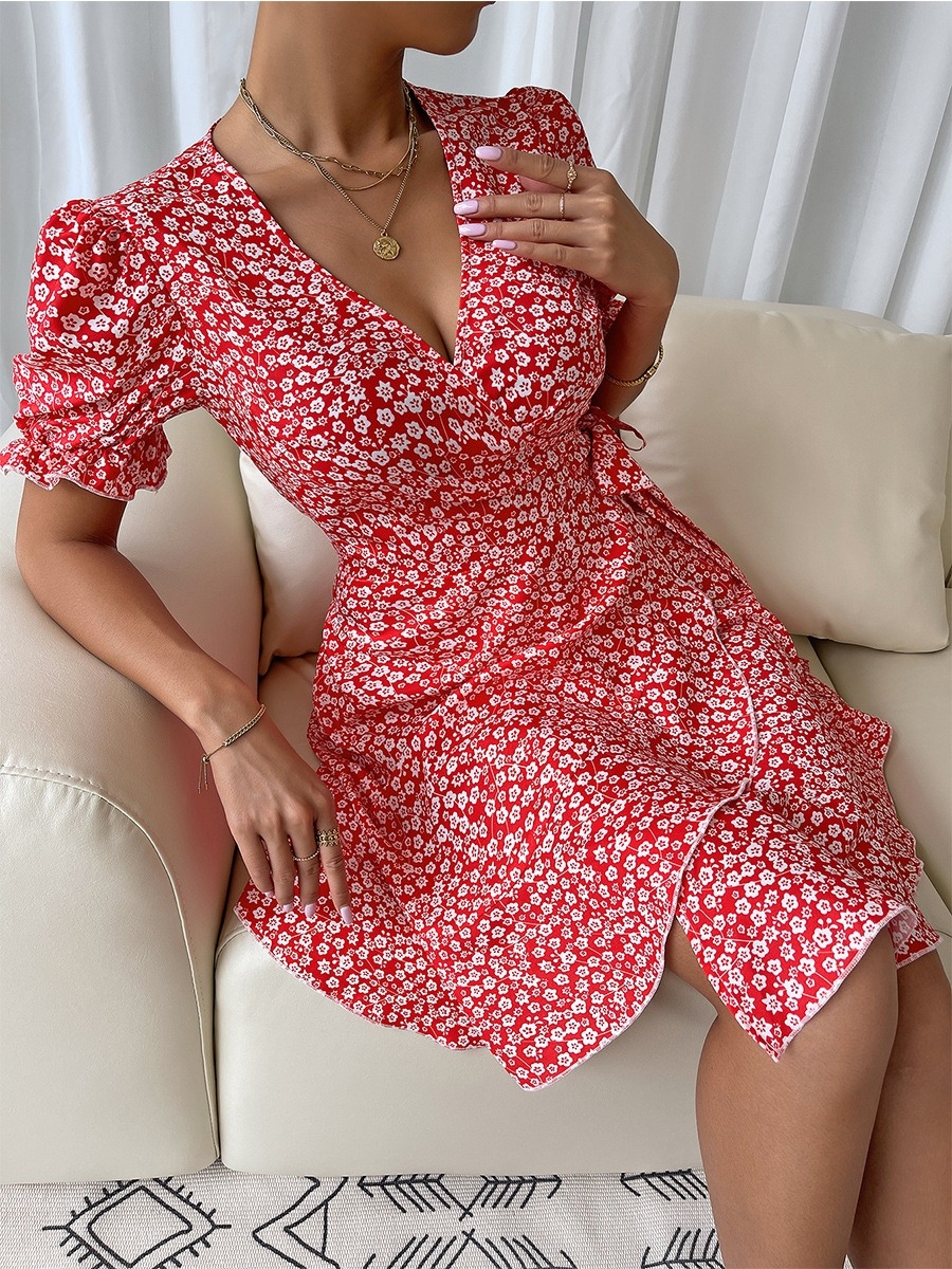 Summer New Stylish Batch Printing Inelastic With Belt V-Neck Casual Mini Dress
