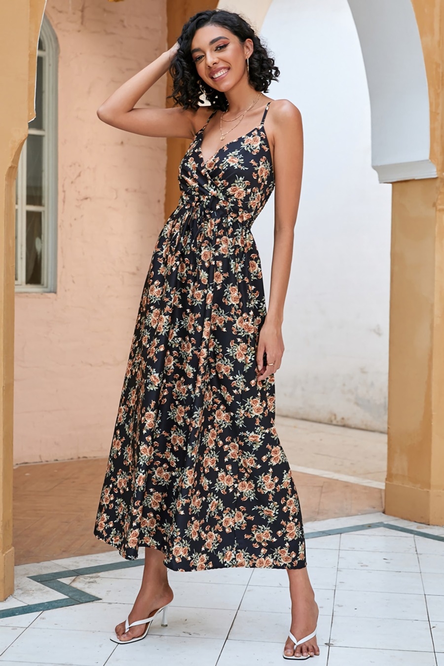 S-2Xl Plus Size Summer New Stylish Floral Batch Printing Inelastic Sling Backless Casual Midi Dress