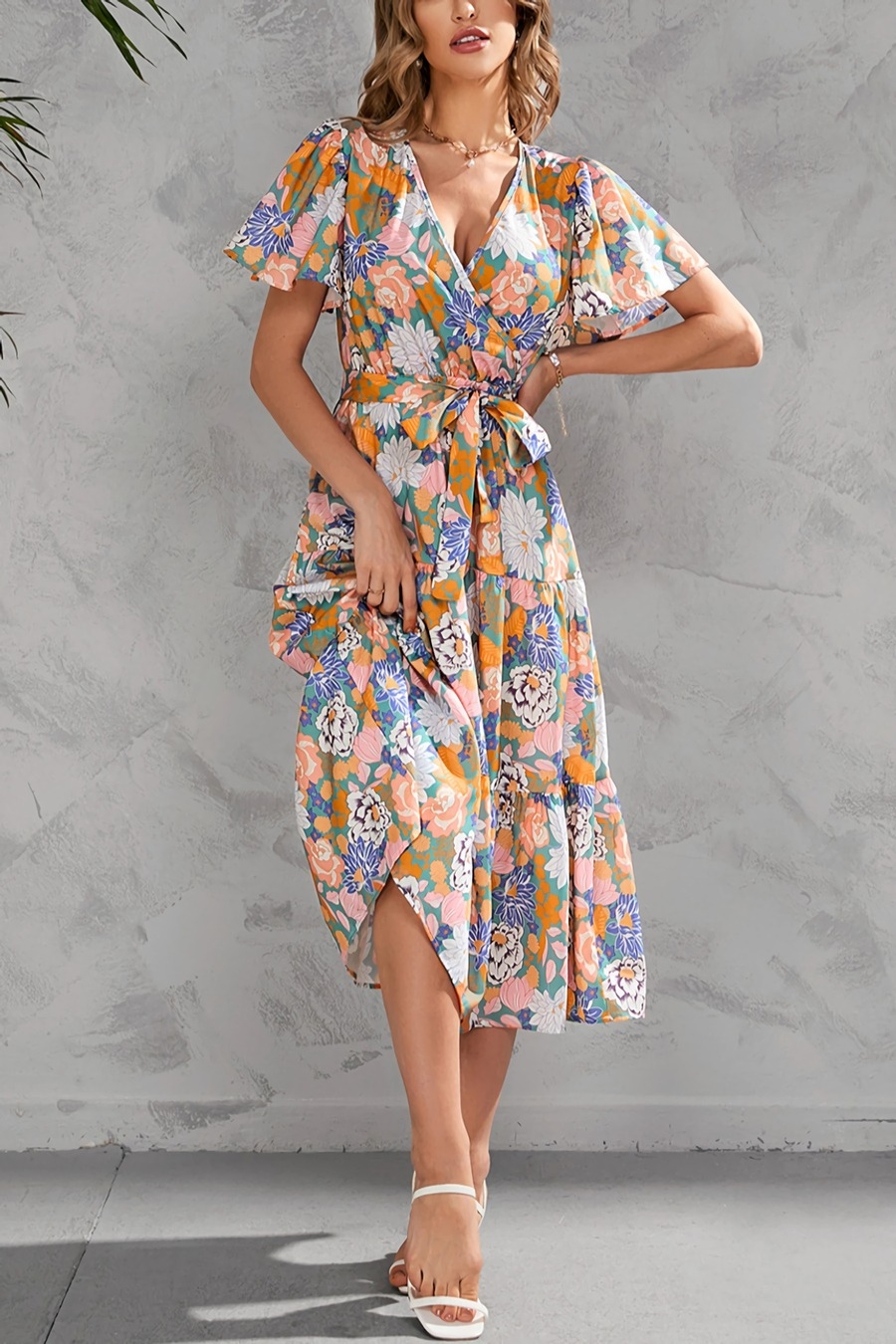 Summer New Plus Size Floral Batch Printing V Neck Ruffle Tie-Waist Swing Stylish Holiday Midi Dress(With Belt)