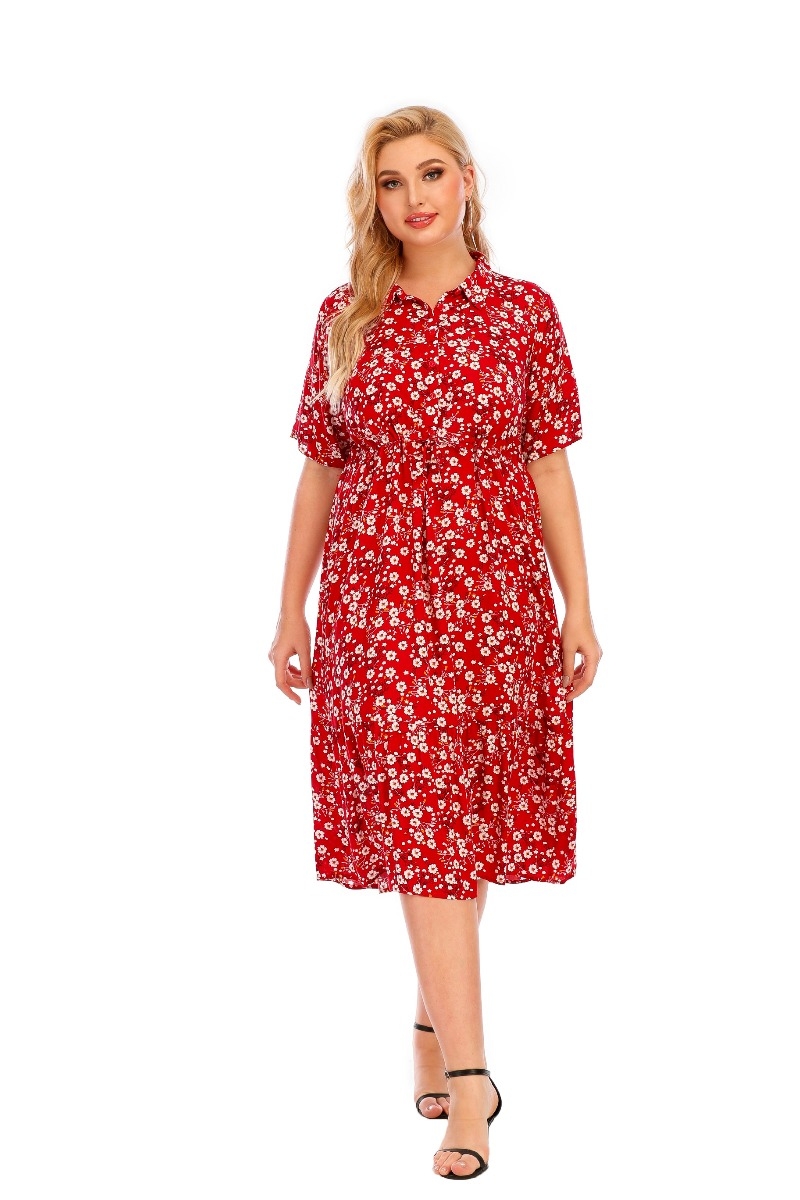 Plus Size New Stylish Summer Batch Printing Single Breasted Casual Loose Shirt Dress