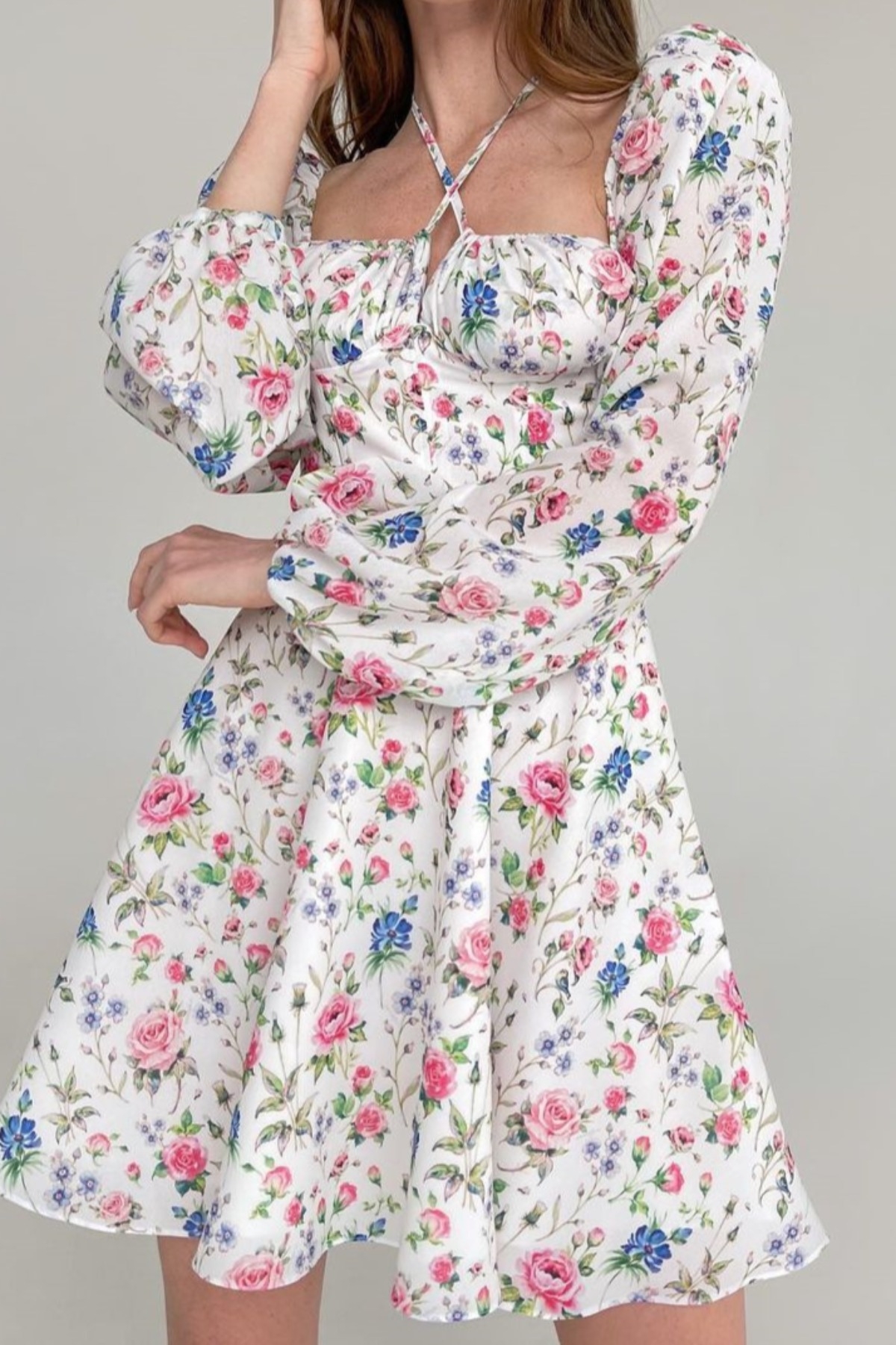 Xs-L Floral Printing Inelastic Square-Neck Lace-Up Zip-Up Back Sweet Rural Mini Dress