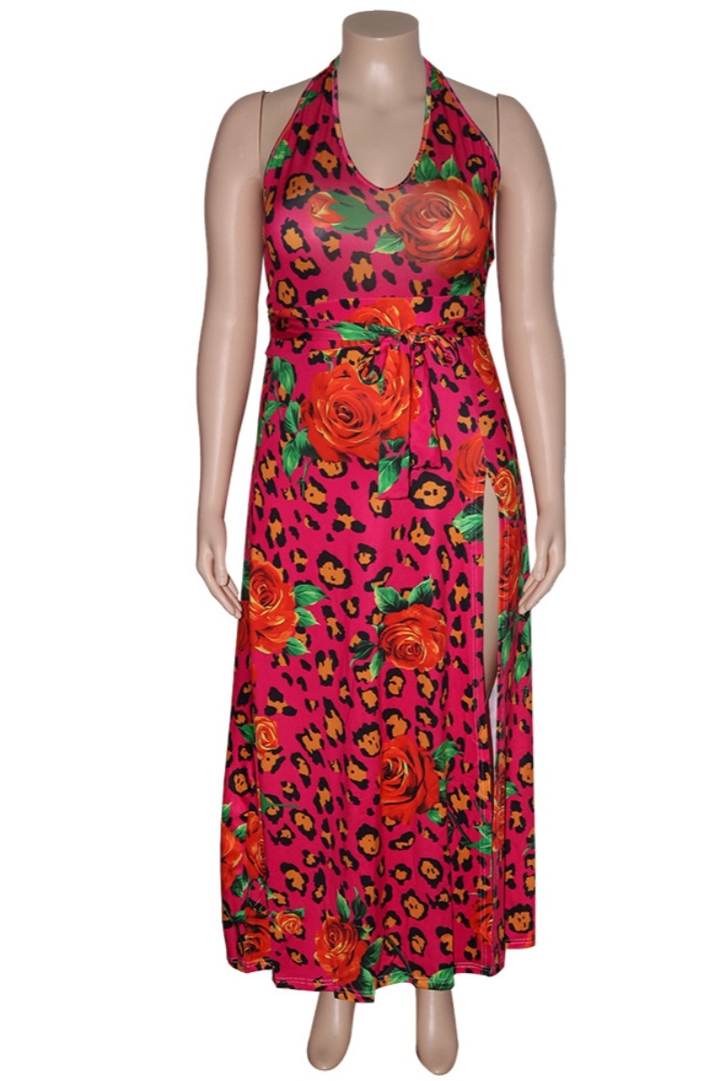 Xl-4Xl New Batch Printing Stretch Halter-Neck Low-Cut Tie-Waist High Slit Sexy Stylish Maxi Dress