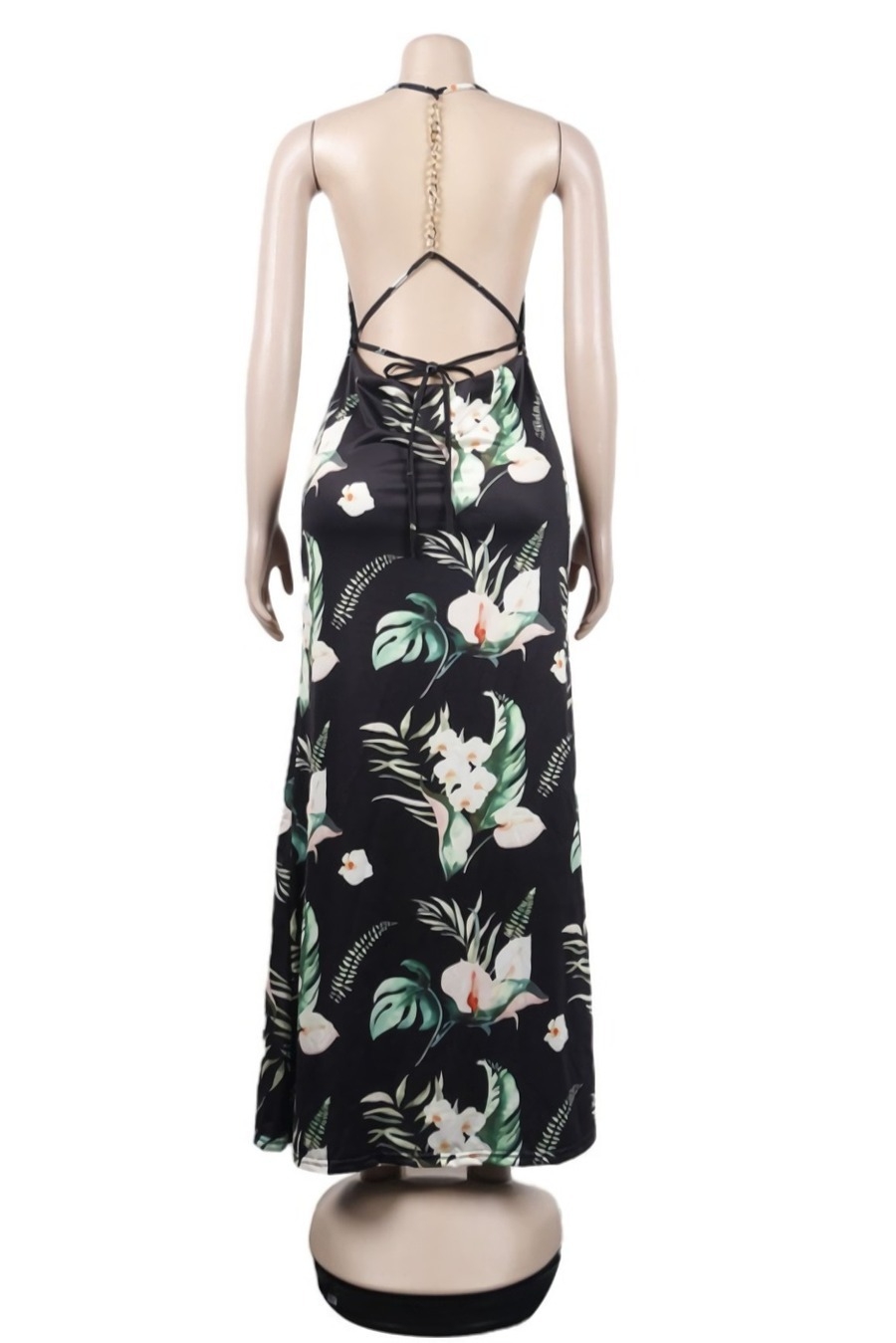 Summer New Stylish Stretch Flower & Leaf Batch Printing Halter-Neck Metal Chain Backless Lace-Up Sexy Maxi Dress