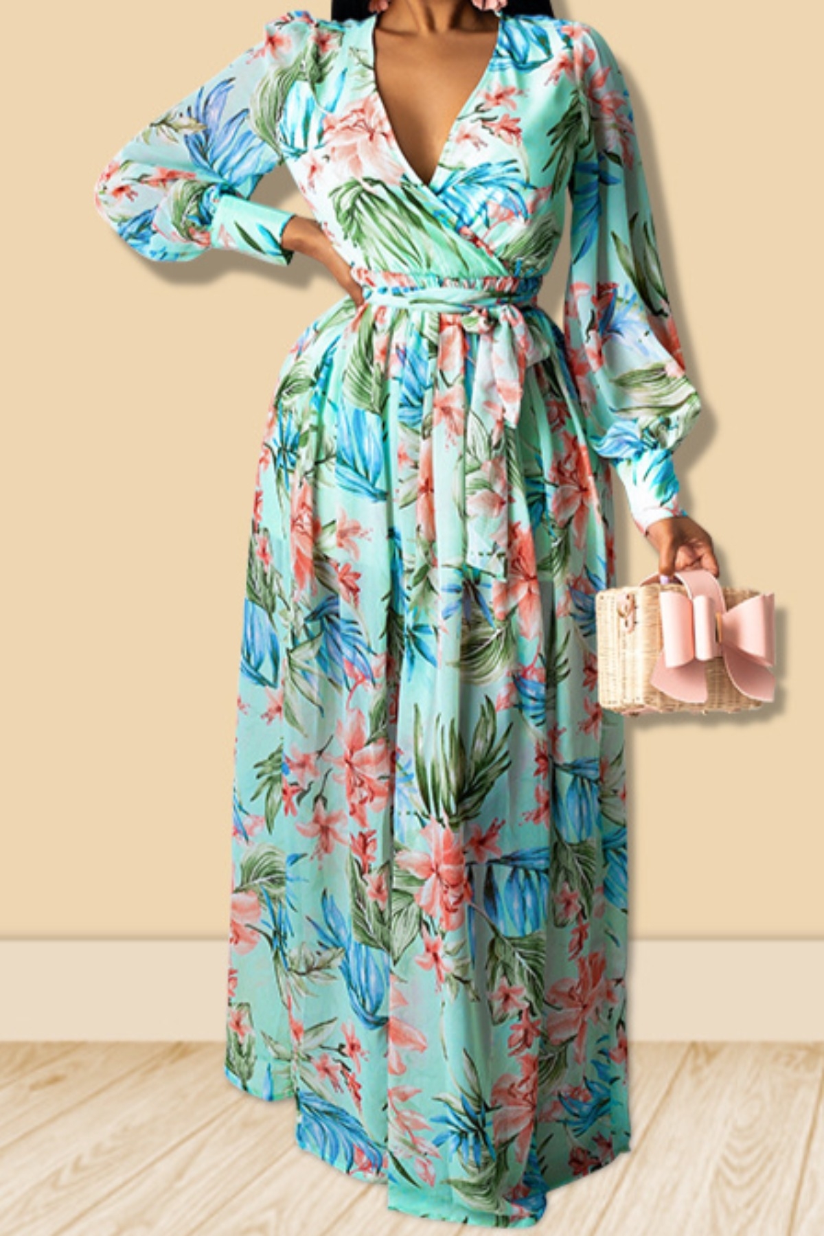 Autumn New Plus Size All-Over Graphic Printing Inelastic V-Neck Stylish Maxi Dress With Belt
