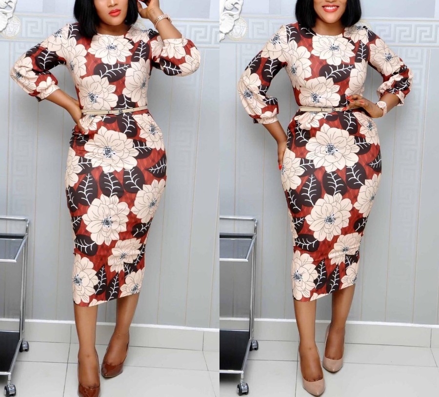 Summer New Plus Size Flower & Leaf Batch Printing Stretch Back Zip-Up Split Casual Midi Dress(With Belt)