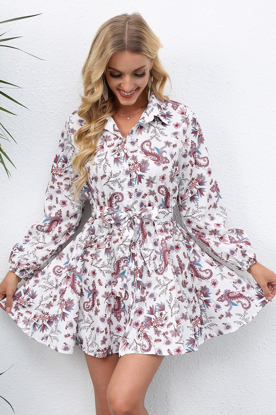 Autumn New Plus Size Batch Printing Inelastic Turndown Collar Single-Breasted Casual Stylish Mini Dress With Belt