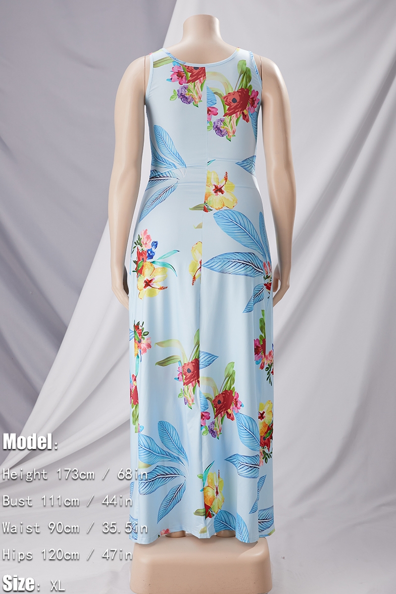 Plus Size New Fashion Flower Batch Printed Summer Sleeveless Sexy Split Dress