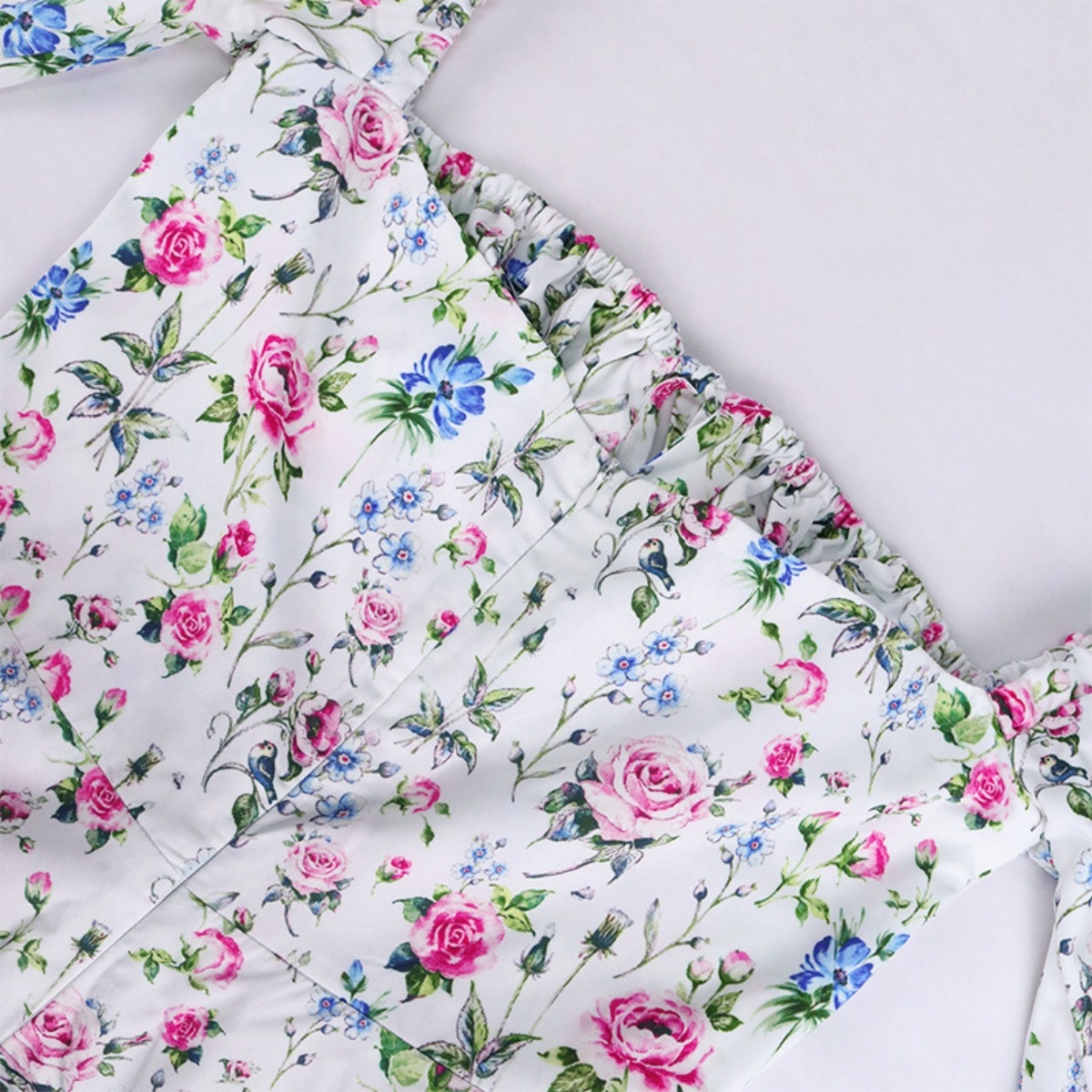 Xs-L Floral Printing Inelastic Square-Neck Lace-Up Zip-Up Back Sweet Rural Mini Dress