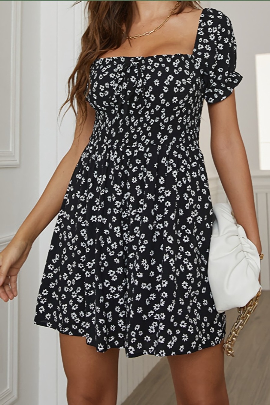 Summer New Chiffon Floral Batch Printing Puff Sleeves Backless Stretch Sexy Mini Dress