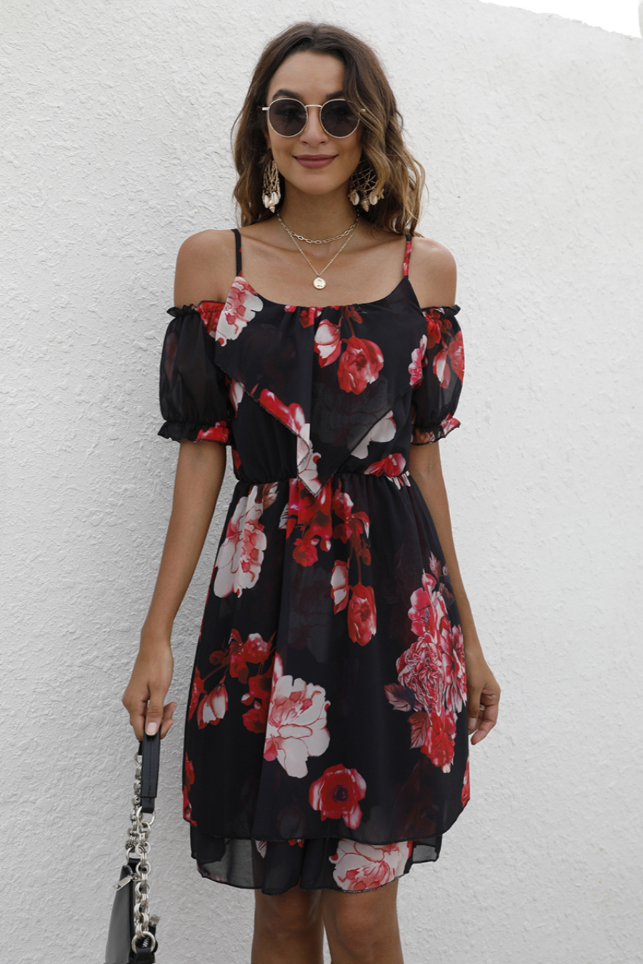 Summer Plus Size Three Colors Flower Batch Printing Inelastic Chiffon Sling Stylish Sweet Pastoral Style Mini Dress