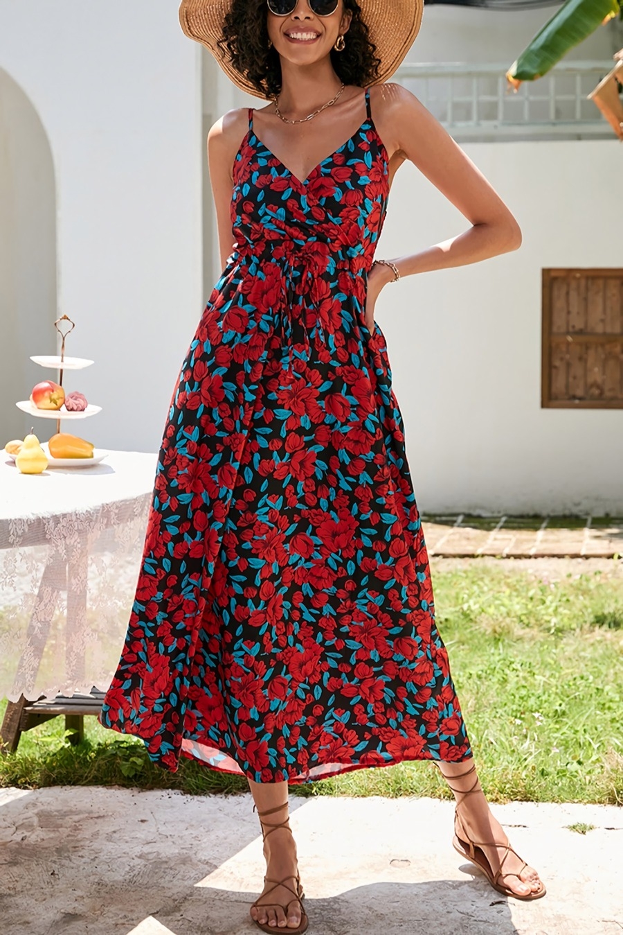 S-2Xl Plus Size Summer Floral Batch Printing Inelastic V-Neck Tie-Waist Stylish Holiday Spaghetti String Midi Dress