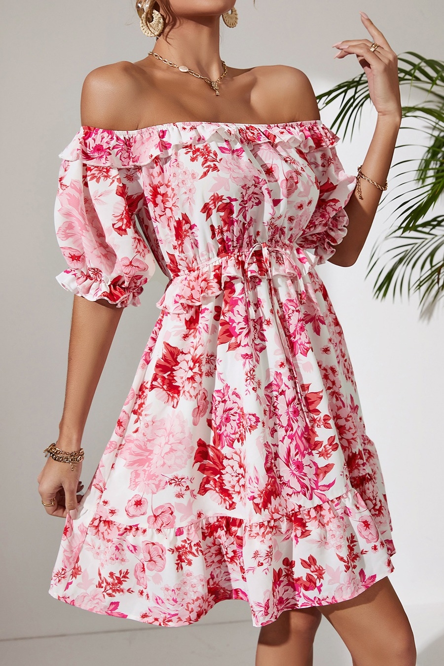 Xs-L Summer New Stylish Stretch Flower Printing Off-The-Shoulder Ruffle Lace-Up Casual Mini Dress  Dresses