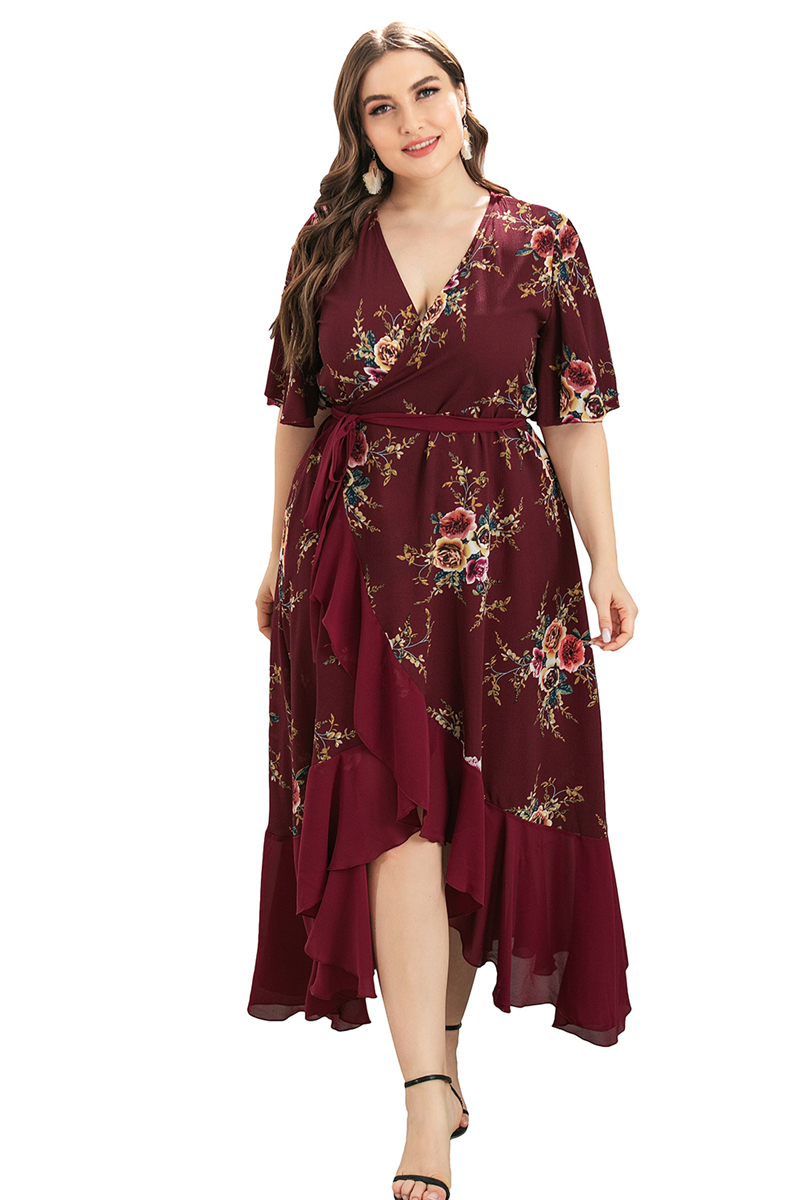 Summer Plus Size New Flowers Batch Printing V-Neck Ruffles Irregular Oversized Dress (With Belt)