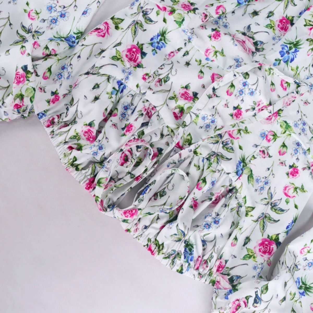 Xs-L Floral Printing Inelastic Square-Neck Lace-Up Zip-Up Back Sweet Rural Mini Dress