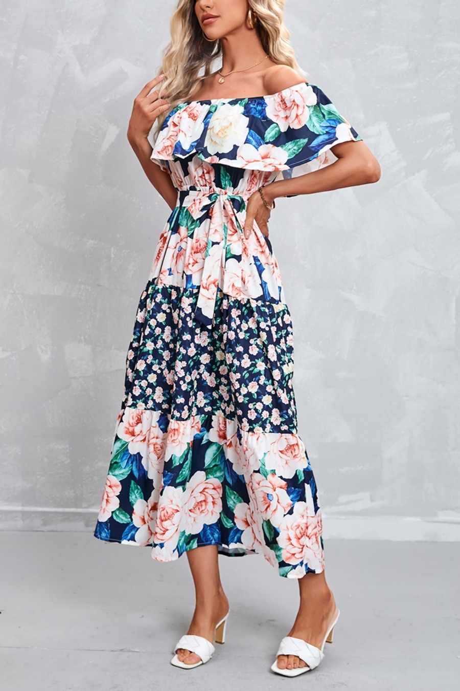 Summer New Plus Size Floral Batch Printing Off Shoulder Ruffle Tie-Waist Shirring Swing Stylish Retro Maxi Dress(With Belt)