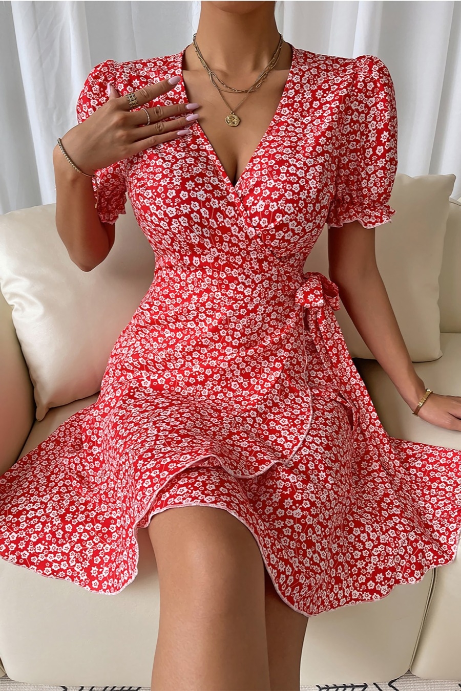 Summer New Stylish Batch Printing Inelastic With Belt V-Neck Casual Mini Dress