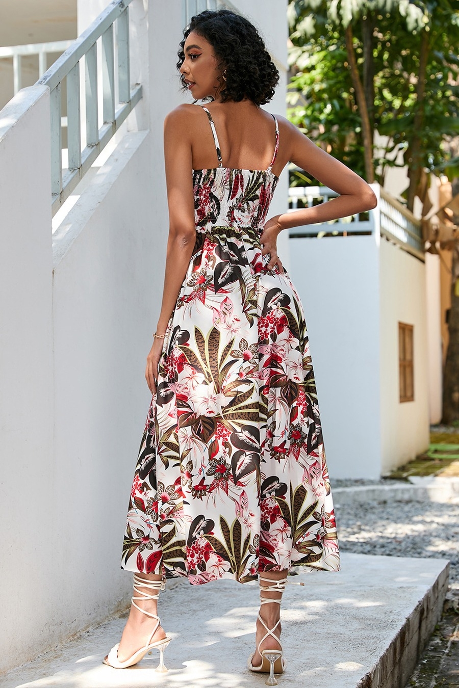 S-2Xl Plus Size Summer New Stylish Inelastic Flower & Leaf Batch Printing Sling Backless Casual Midi Dress