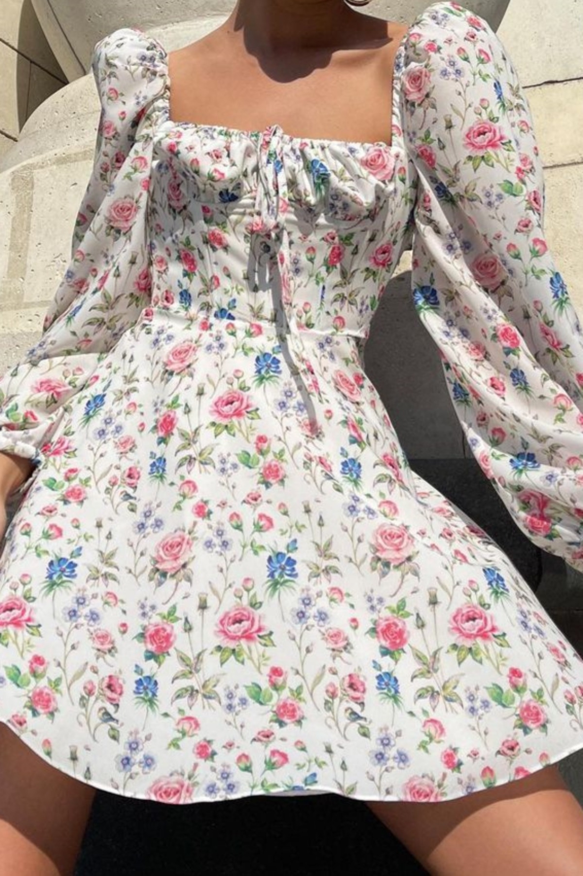 Xs-L Floral Printing Inelastic Square-Neck Lace-Up Zip-Up Back Sweet Rural Mini Dress