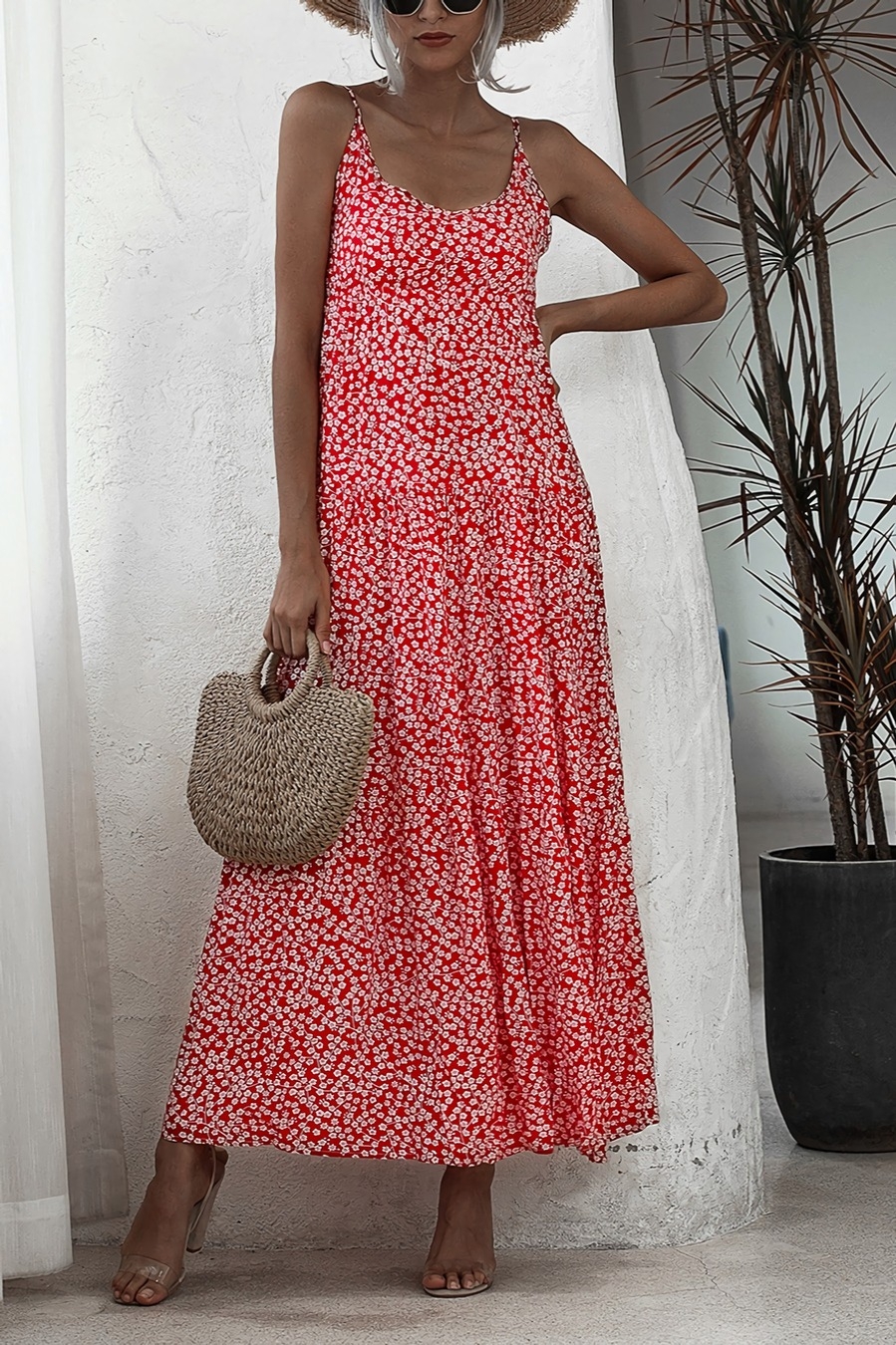 Summer New 2 Colors Floral Batch Printing Inelastic V-Neck Stylish Holiday Spaghetti String Maxi Dress