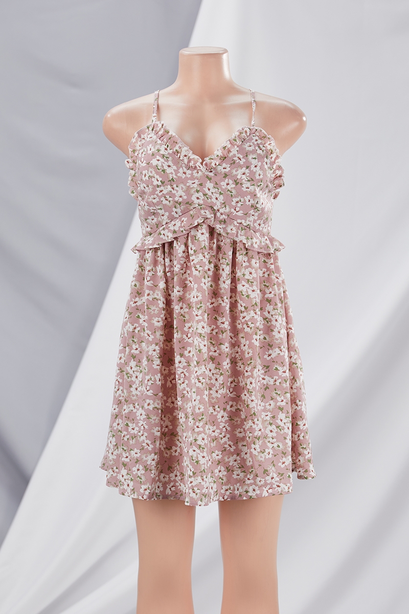 Summer New Floral Printing Inelastic Sling Backless Ruffle Stylish Sweet Mini Dress