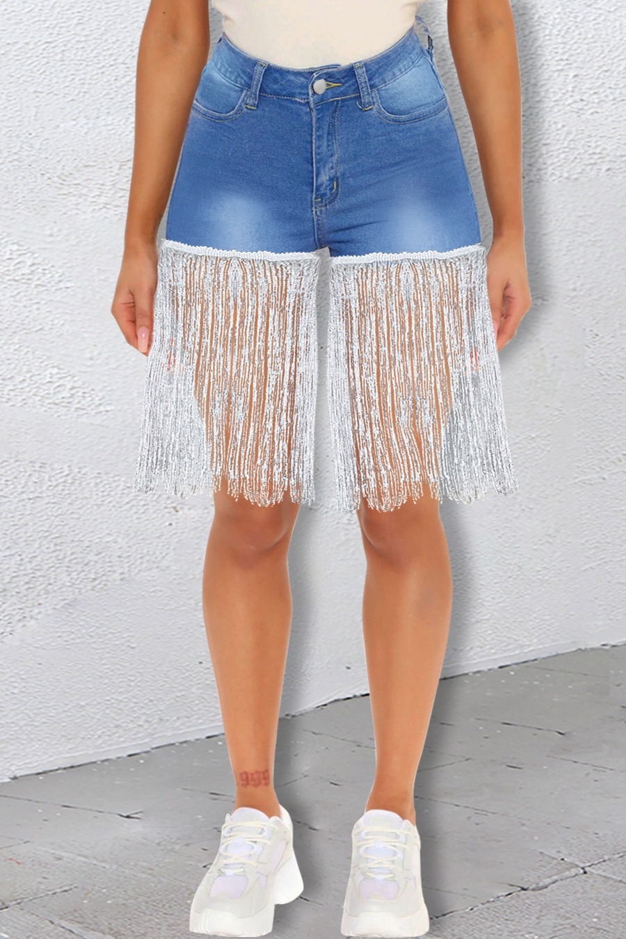 S-3Xl Summer New Plus Size Three Colors Micro-Elastic Tassel Pockets Button Zip-Up Stylish Denim Shorts