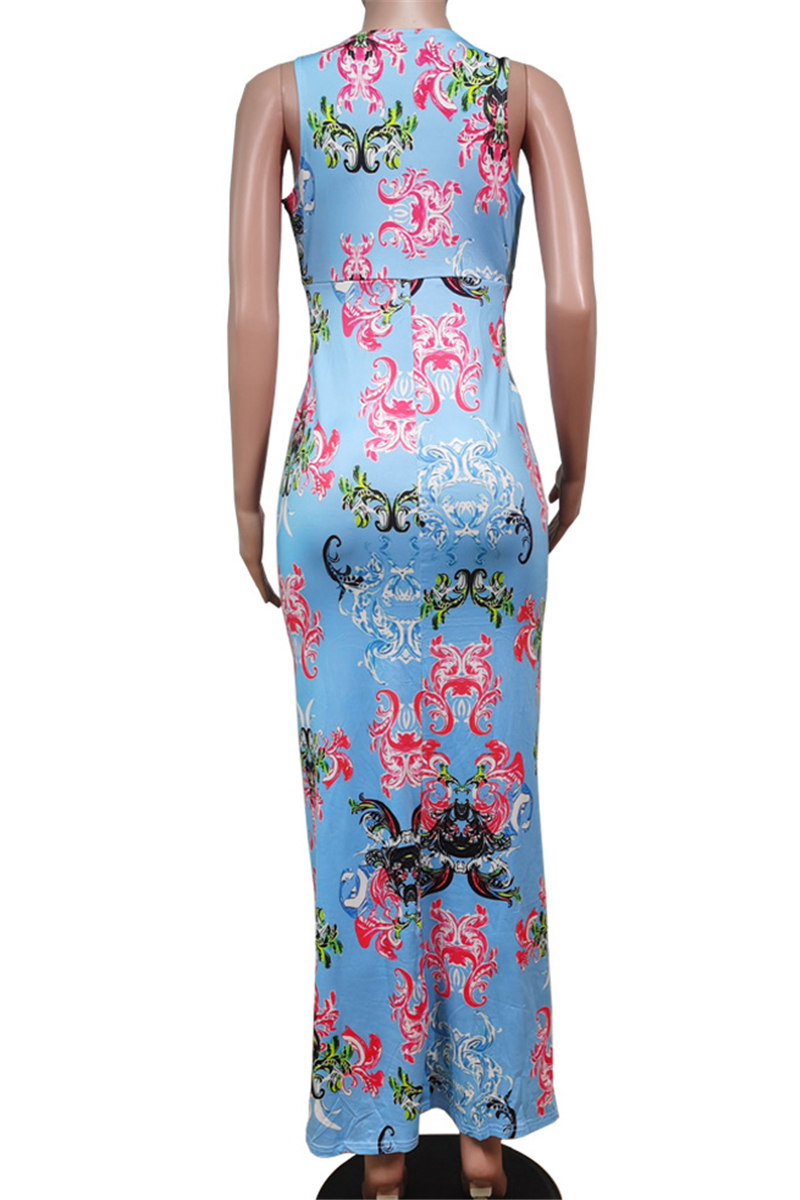 Plus Size Summer Sleeveless Deep V-Neck New Stylish Flowers Batch Printing Stretch Maxi Dress