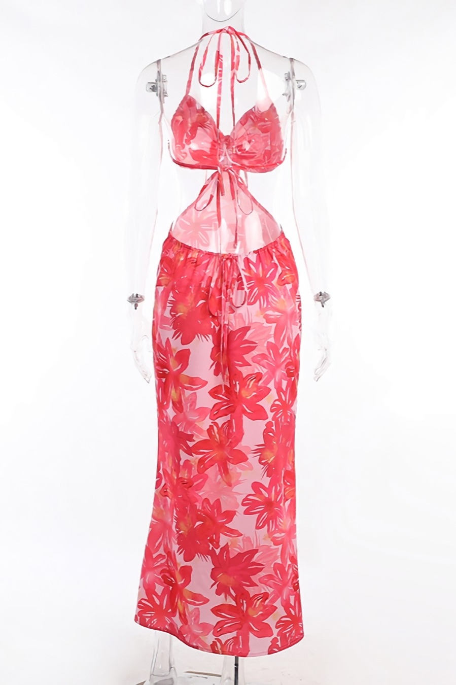 Summer New Fashion Flower Batch Printing Cutout Halter-Neck Lace-Up Backless Stretch Resort Maxi Dress