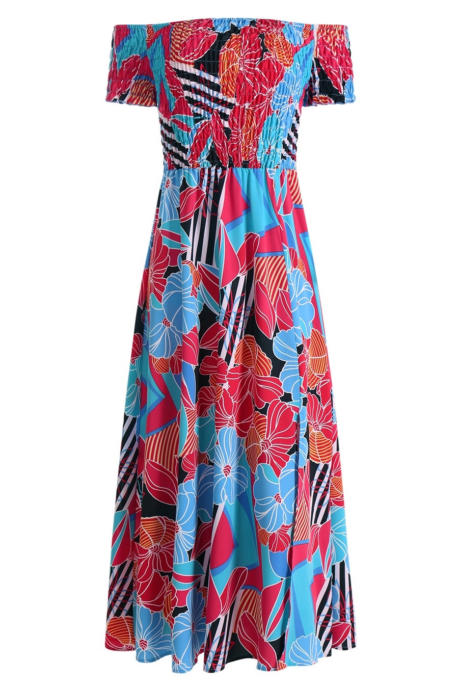 Summer New Off The Shoulder Flower Batch Printing Stretch Slit Midi Dress #2#