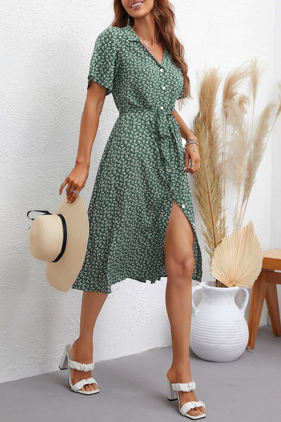 Xs-L Summer New Floral Batch Printing Inelastic Short Sleeves Single-Breasted With Belt Casual Midi Dress