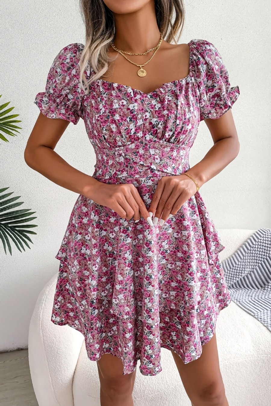 Summer New Stylish 3 Colors Inelastic Floral Batch Printing Square Neckline Lace-Up Ruffle Casual Mini Dress