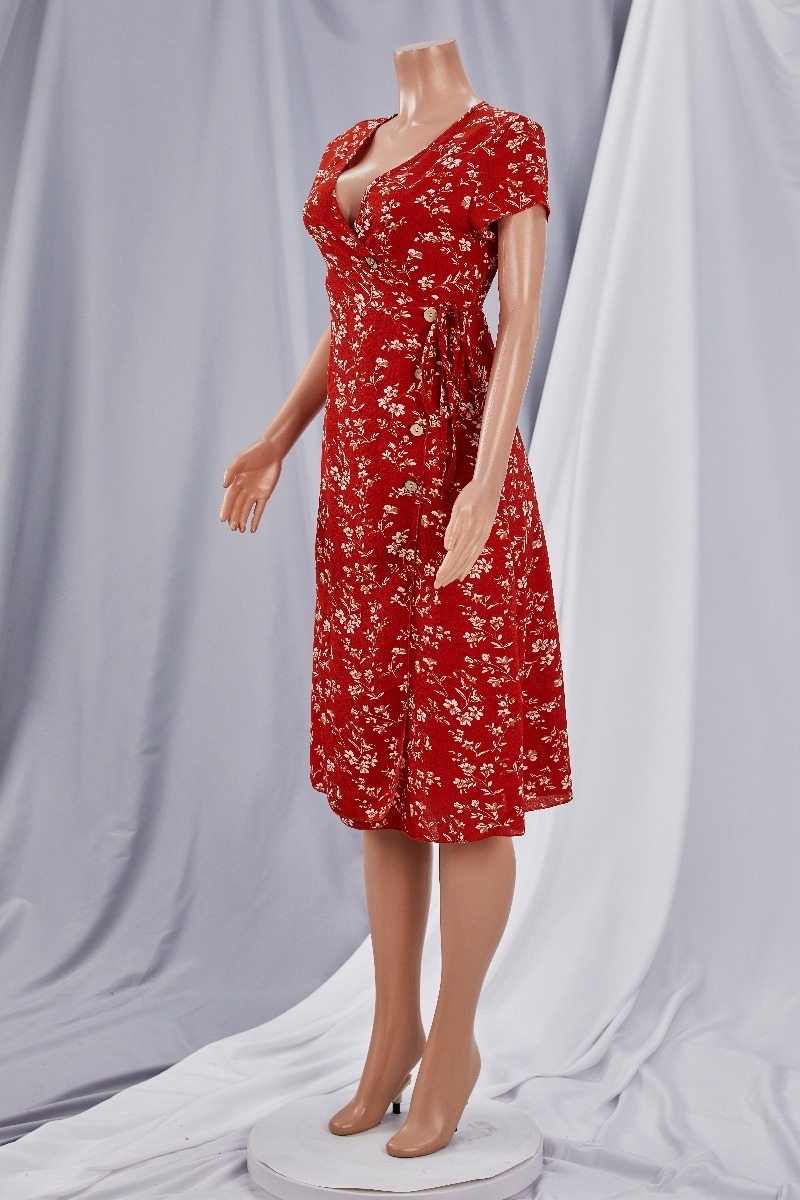 New Floral Printing Micro-Elastic V-Neck Waist Lace-Up High Slit Stylish Midi Dress