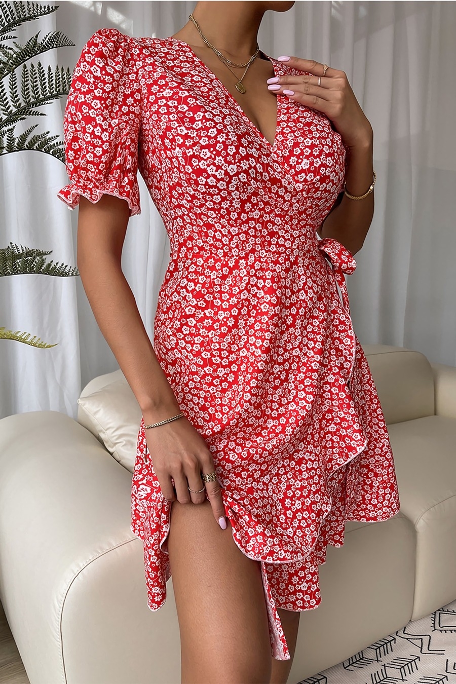 Summer New Stylish Batch Printing Inelastic With Belt V-Neck Casual Mini Dress